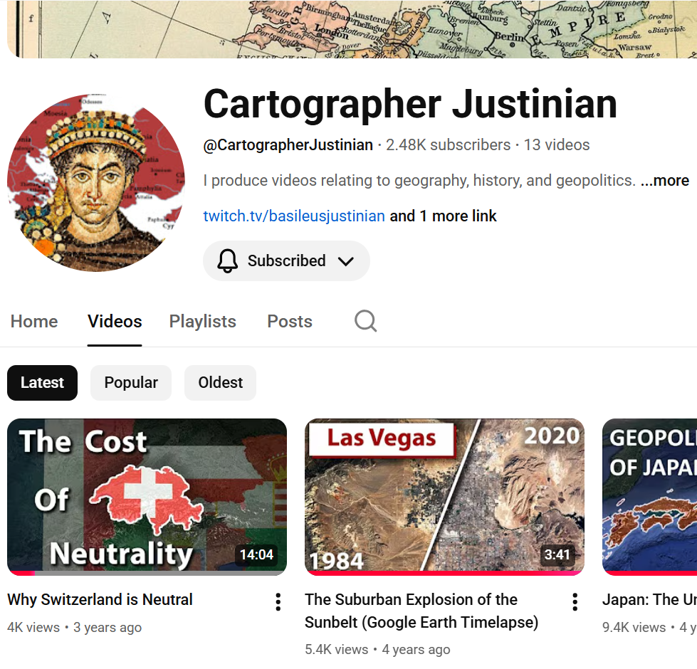 Cartographer Justinian YouTube channel homepage